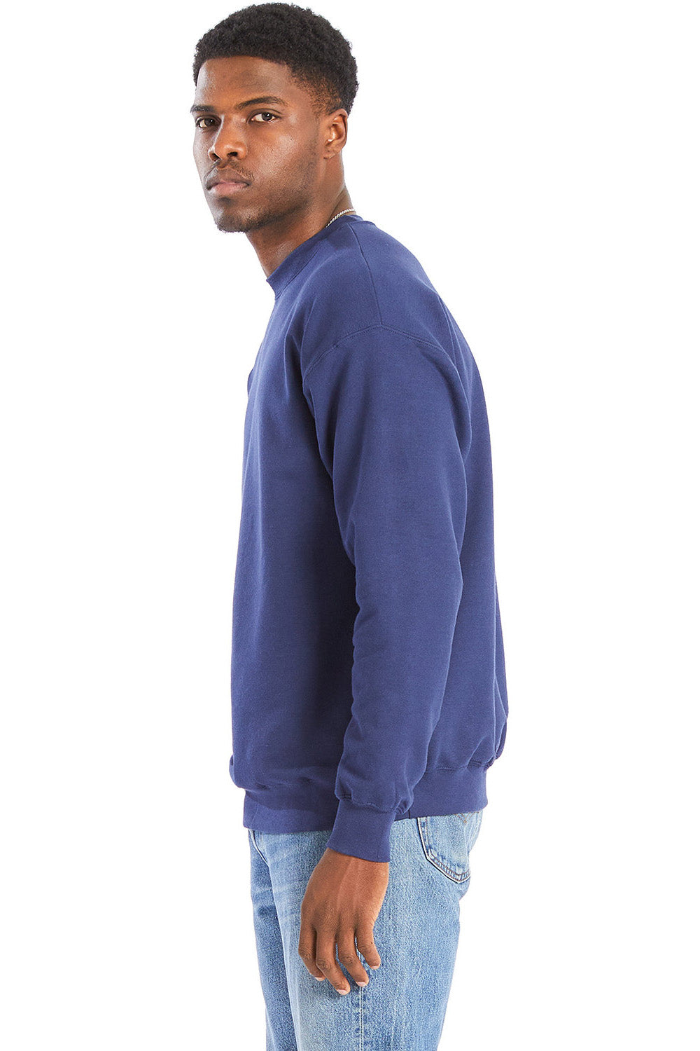 Hanes RS160 Mens Perfect Sweats Crewneck Sweatshirt Navy Blue Model Side