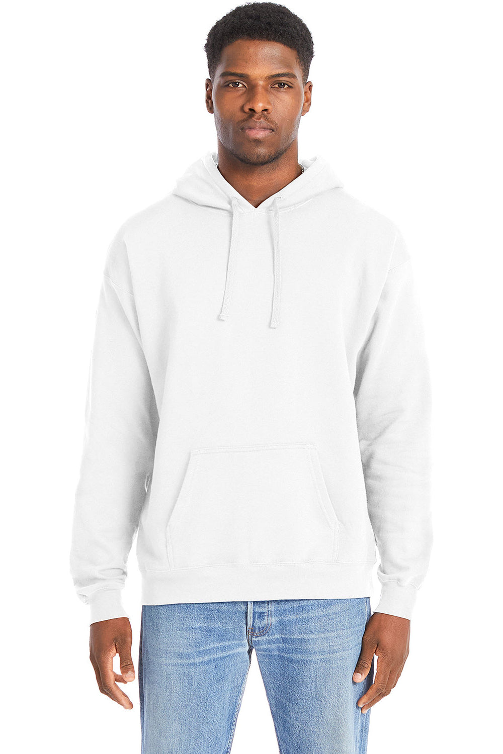 Hanes RS170 Mens Perfect Sweats Hooded Sweatshirt Hoodie w/ Pouch Pocket White Model Front