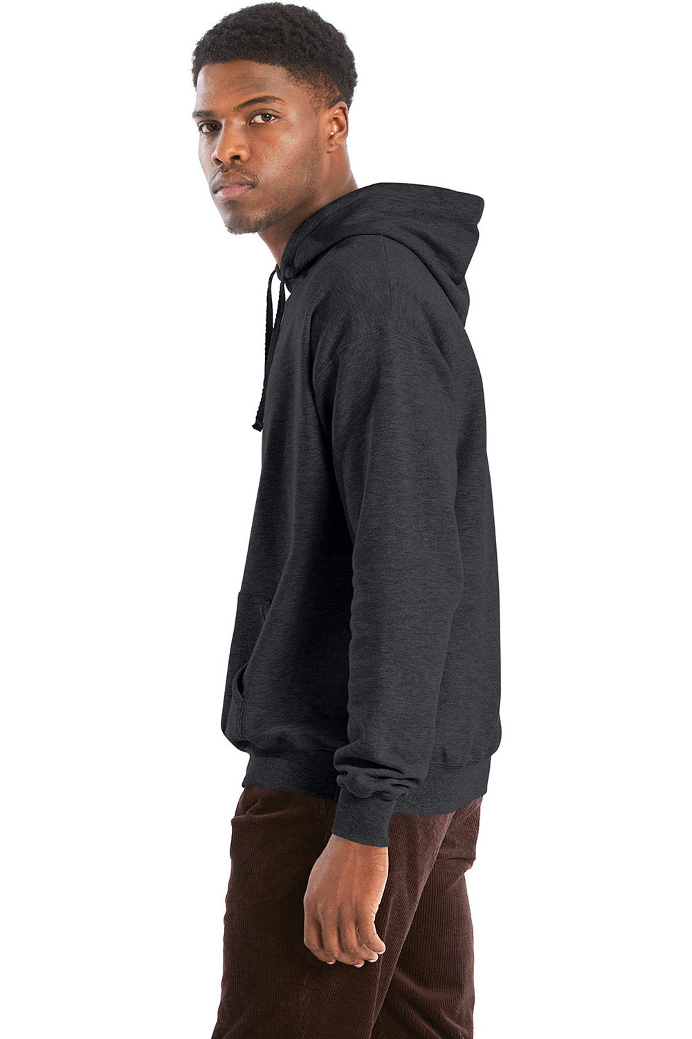 Hanes RS170 Mens Perfect Sweats Hooded Sweatshirt Hoodie w/ Pouch Pocket Heather Charcoal Grey Model Side