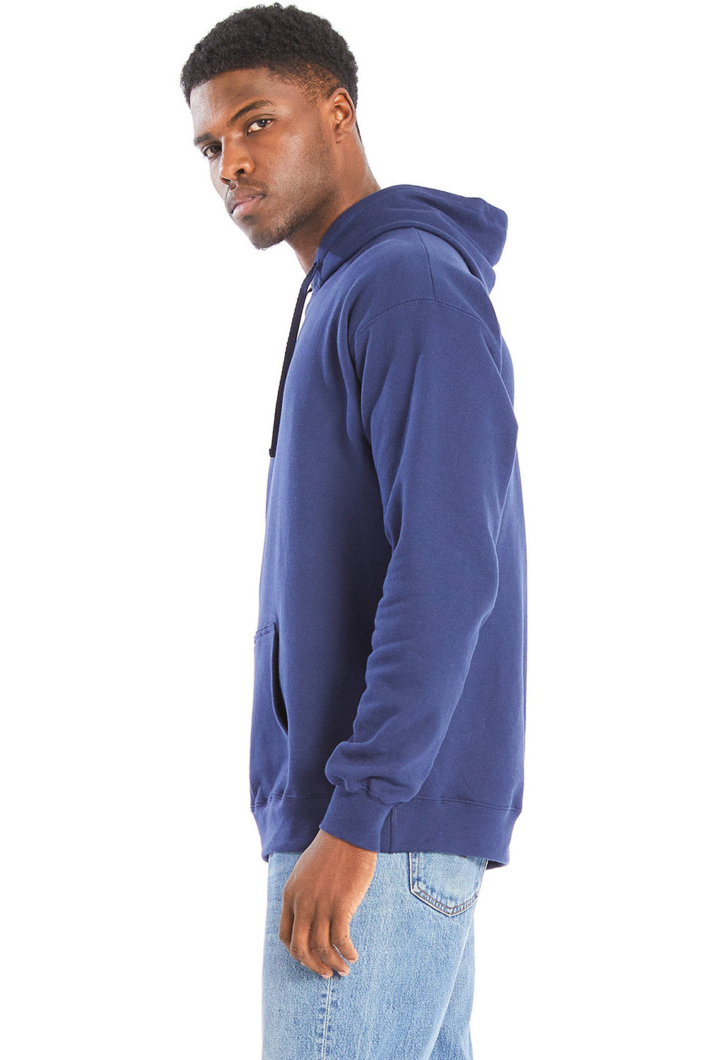 Hanes RS170 Mens Perfect Sweats Hooded Sweatshirt Hoodie w/ Pouch Pocket Navy Blue Model Side