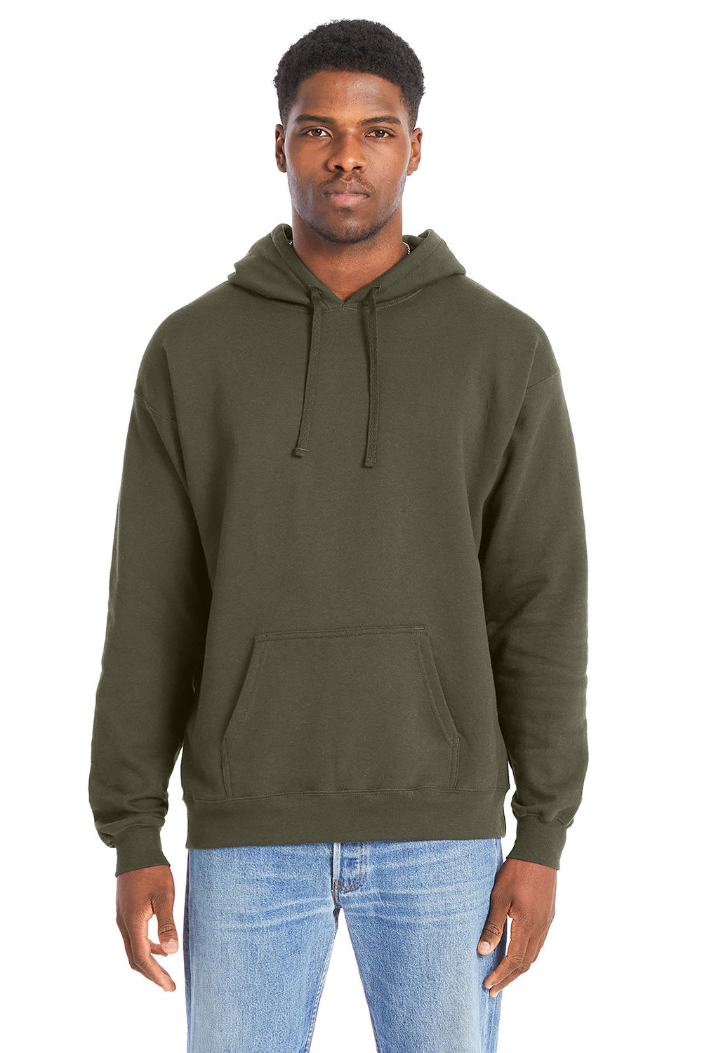 Hanes RS170 Mens Perfect Sweats Hooded Sweatshirt Hoodie w/ Pouch Pocket Fatigue Green Model Front