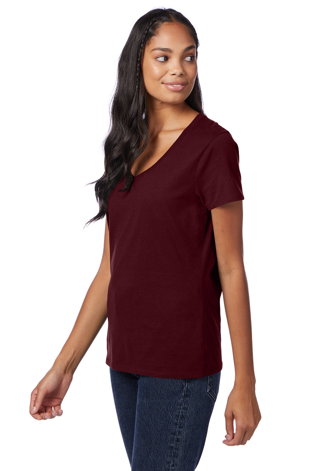 Hanes S04V Womens Nano-T Short Sleeve V-Neck T-Shirt Maroon Model 3Q