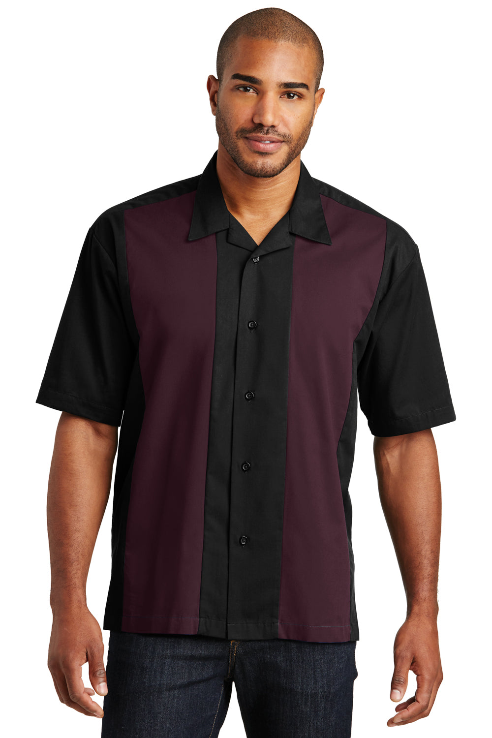 Port Authority S300 Mens Black/Burgundy Retro Easy Care Wrinkle Resistant  Short Sleeve Button Down Camp Shirt — BigTopShirtShop.com