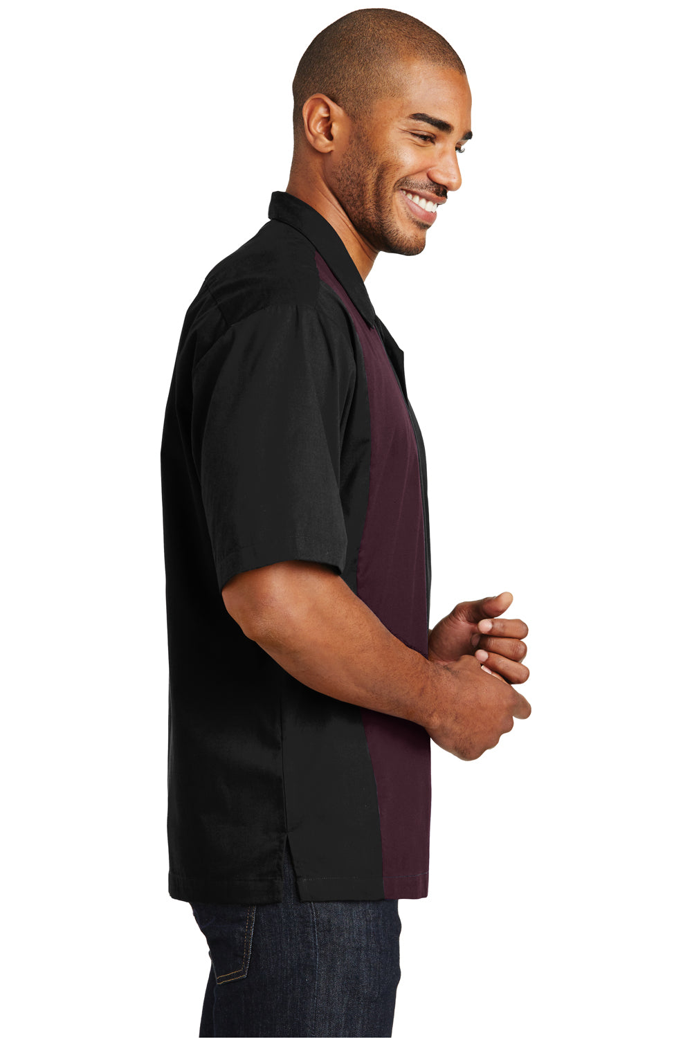 Port Authority S300 Mens Retro Easy Care Wrinkle Resistant Short Sleeve Button Down Camp Shirt Black/Burgundy Model Side