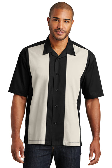 Port Authority S300 Mens Retro Easy Care Wrinkle Resistant Short Sleeve Button Down Camp Shirt Black/Light Stone Model Front