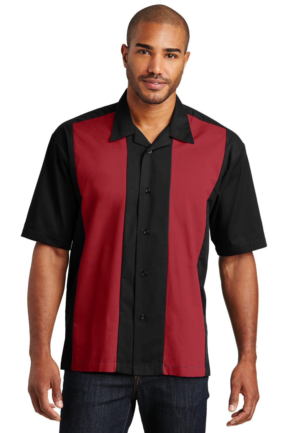 Port Authority S300 Mens Retro Easy Care Wrinkle Resistant Short Sleeve Button Down Camp Shirt Black/Red Model Front