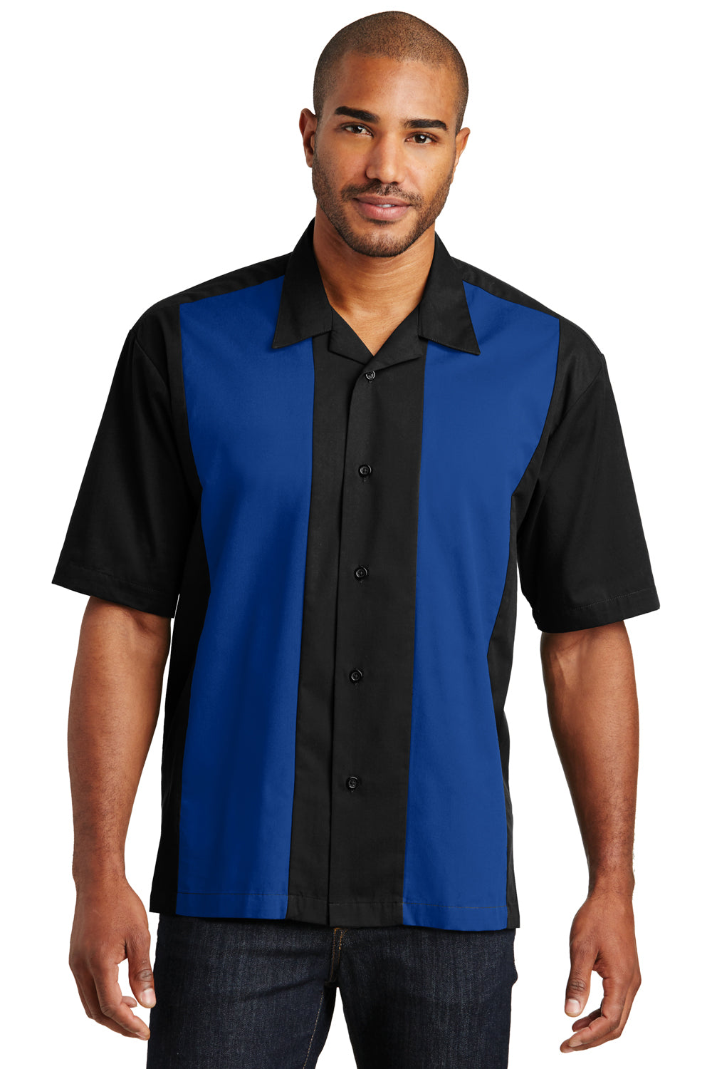 Port Authority S300 Mens Retro Easy Care Wrinkle Resistant Short Sleeve Button Down Camp Shirt Black/Royal Blue Model Front