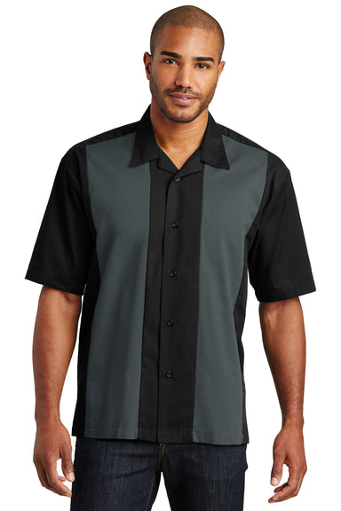 Port Authority S300 Mens Retro Easy Care Wrinkle Resistant Short Sleeve Button Down Camp Shirt Black/Steel Grey Model Front