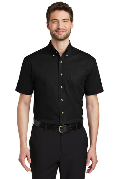 Port Authority S500T Mens Short Sleeve Button Down Shirt w/ Pocket Black Model Front