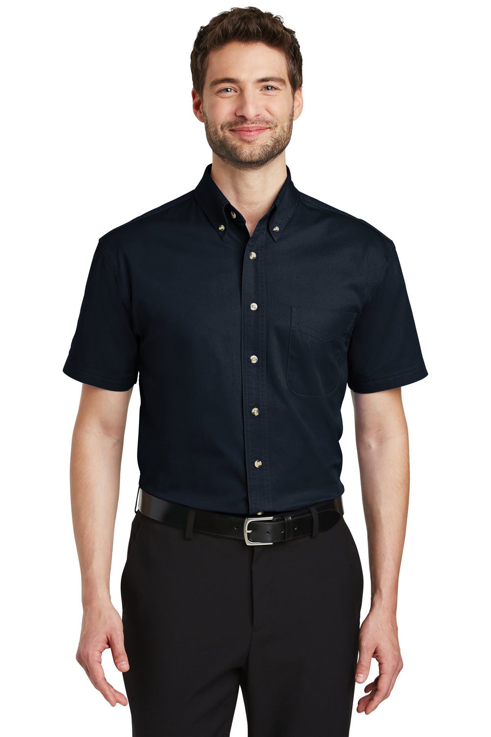 Port Authority S500T Mens Short Sleeve Button Down Shirt w/ Pocket Classic Navy Blue Model Front