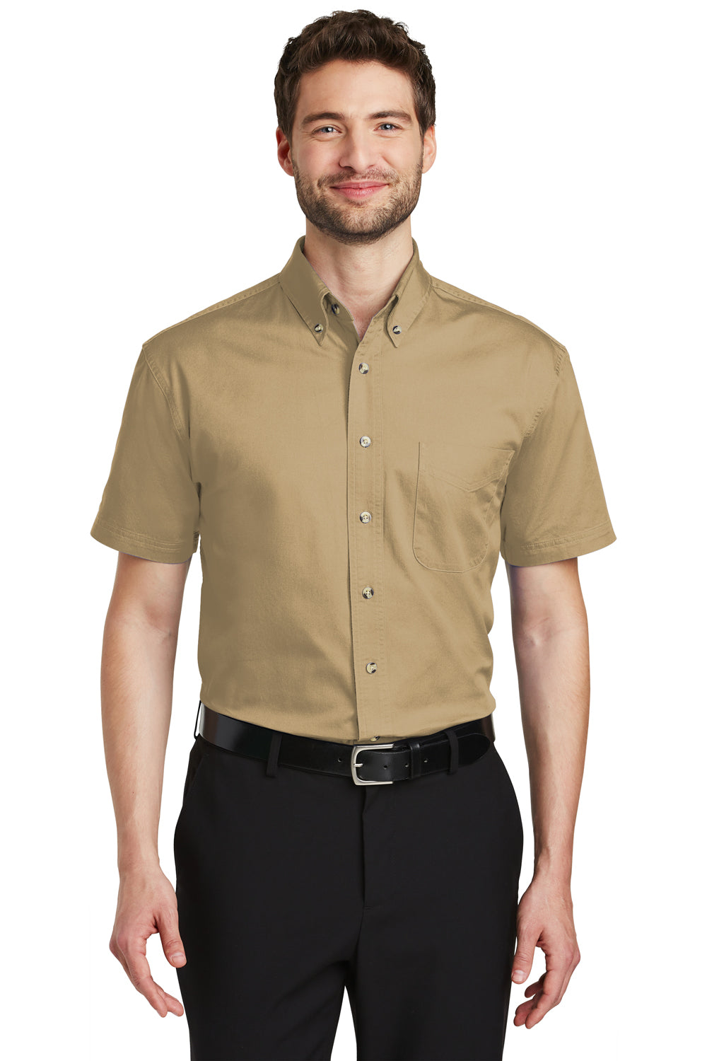 Port Authority S500T Mens Short Sleeve Button Down Shirt w/ Pocket Khaki Model Front