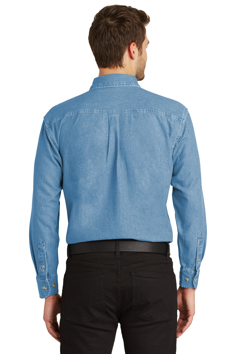 Port Authority S600/TLS600 Mens Denim Long Sleeve Button Down Shirt w/ Pocket Faded Blue Model Back