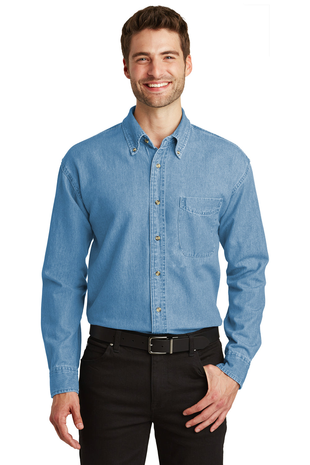 Port Authority S600/TLS600 Mens Denim Long Sleeve Button Down Shirt w/ Pocket Faded Blue Model Front