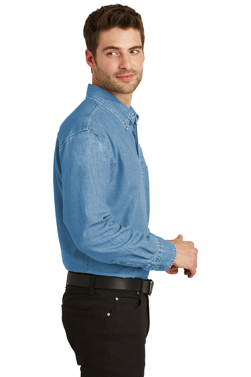 Port Authority S600/TLS600 Mens Denim Long Sleeve Button Down Shirt w/ Pocket Faded Blue Model Side