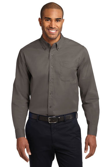 Port Authority S608/TLS608/S608ES Mens Easy Care Wrinkle Resistant Long Sleeve Button Down Shirt w/ Pocket Bark Brown Model Front