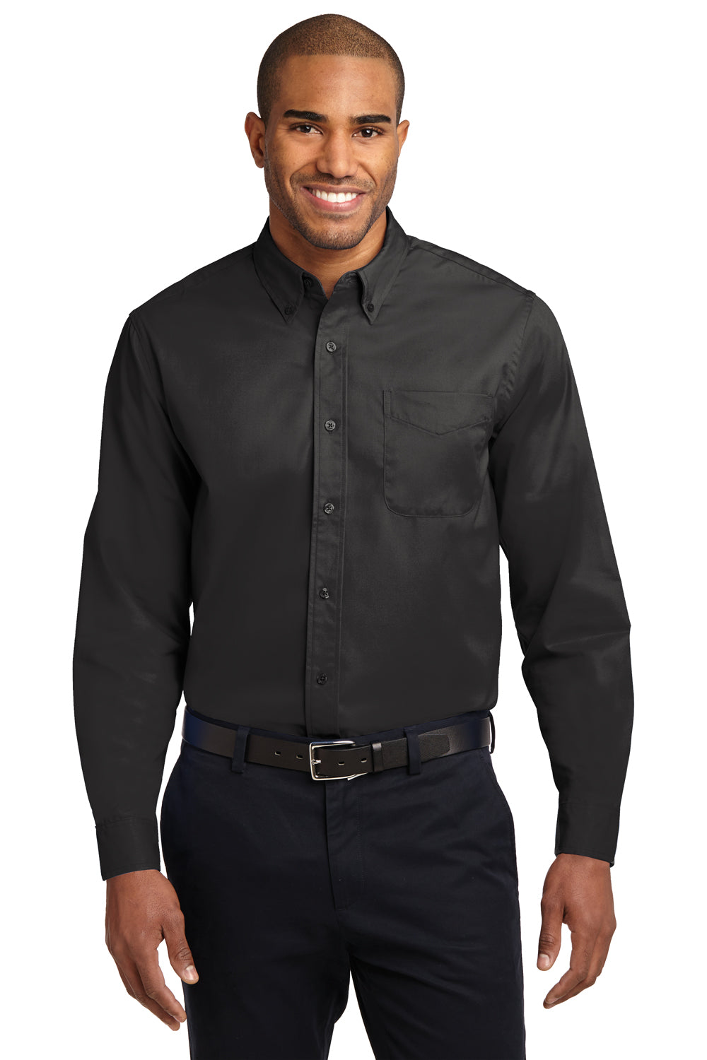 Port Authority S608/TLS608/S608ES Mens Easy Care Wrinkle Resistant Long Sleeve Button Down Shirt w/ Pocket Black Model Front