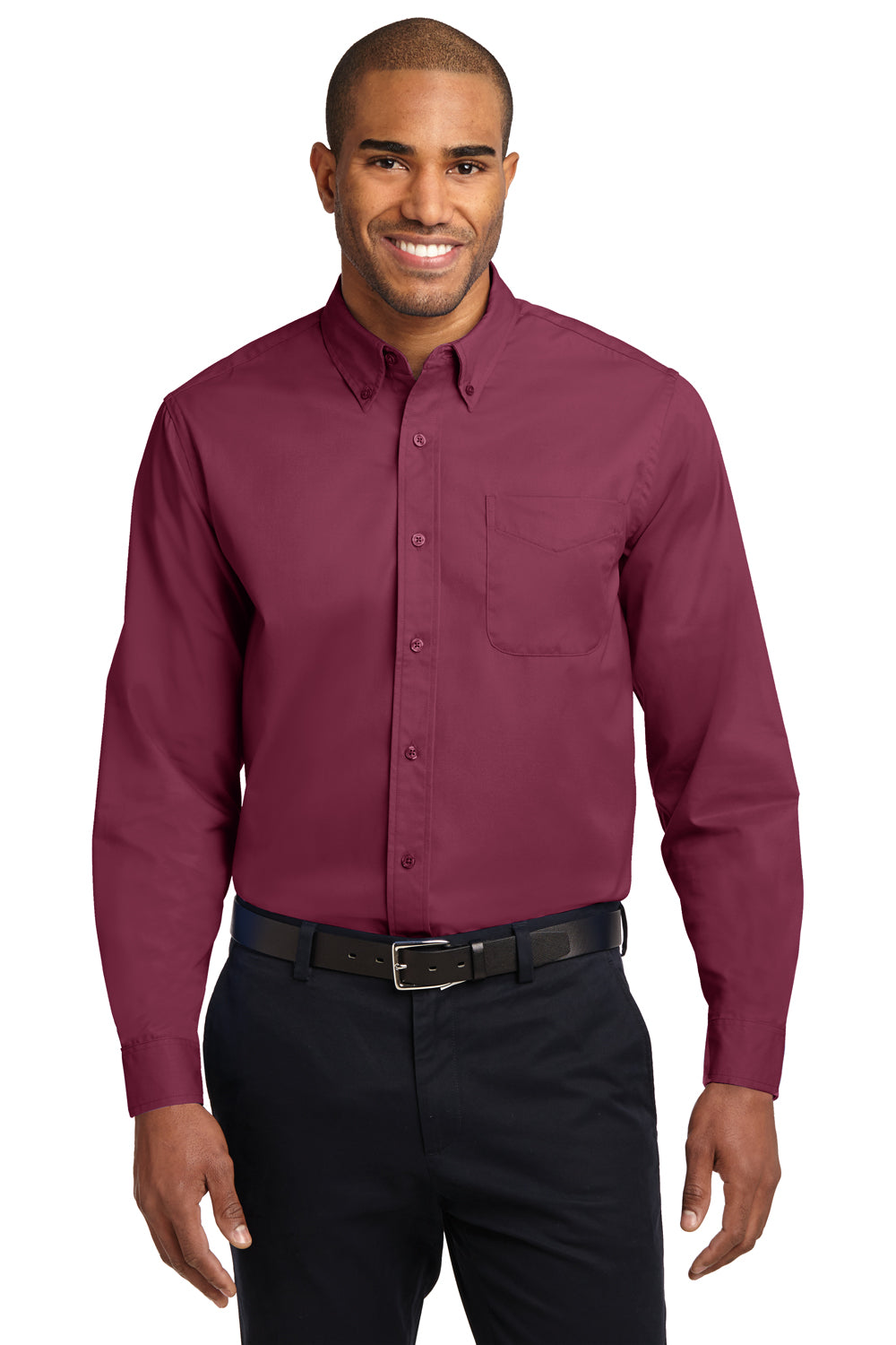 Port Authority Mens Easy Care Wrinkle Resistant Long Sleeve Button Down Shirt w Pocket Burgundy