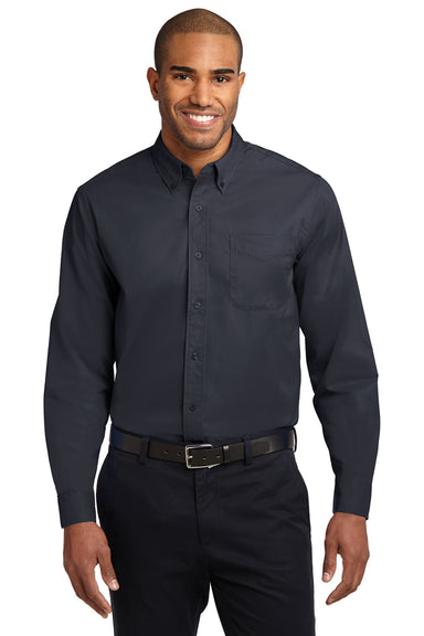 Port Authority S608/TLS608/S608ES Mens Easy Care Wrinkle Resistant Long Sleeve Button Down Shirt w/ Pocket Classic Navy Blue Model Front