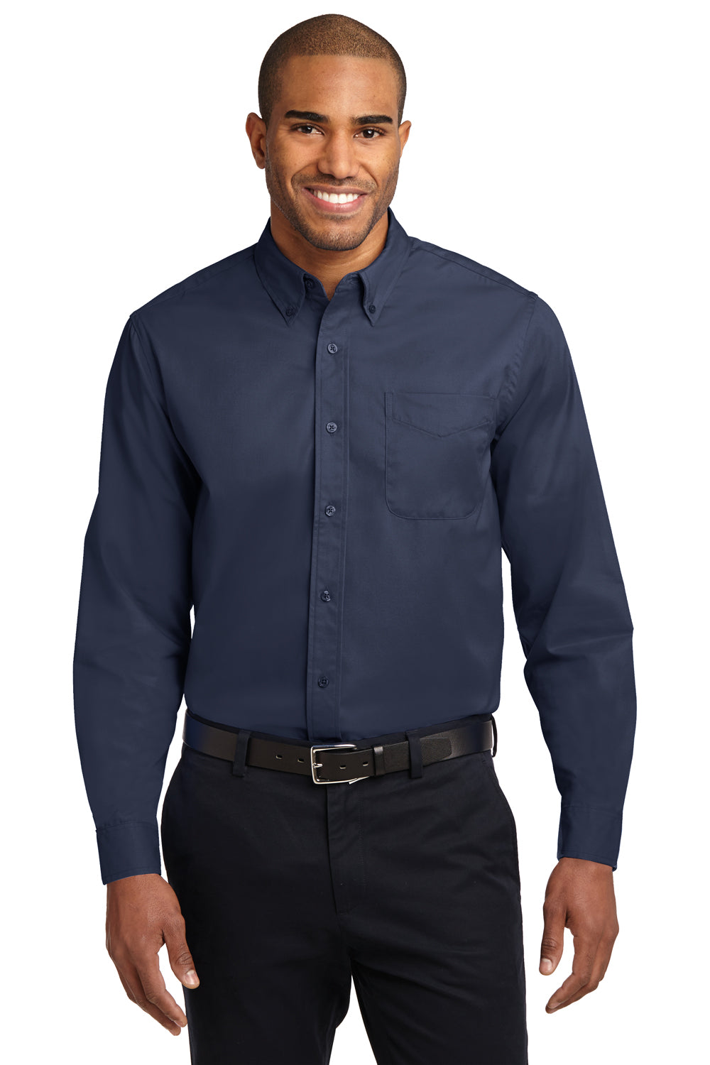 Port Authority S608/TLS608/S608ES Mens Easy Care Wrinkle Resistant Long Sleeve Button Down Shirt w/ Pocket Navy Blue Model Front