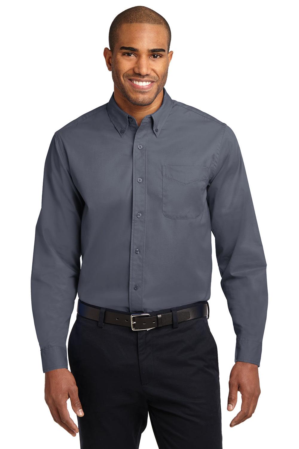 Port Authority S608/TLS608/S608ES Mens Easy Care Wrinkle Resistant Long Sleeve Button Down Shirt w/ Pocket Steel Grey Model Front