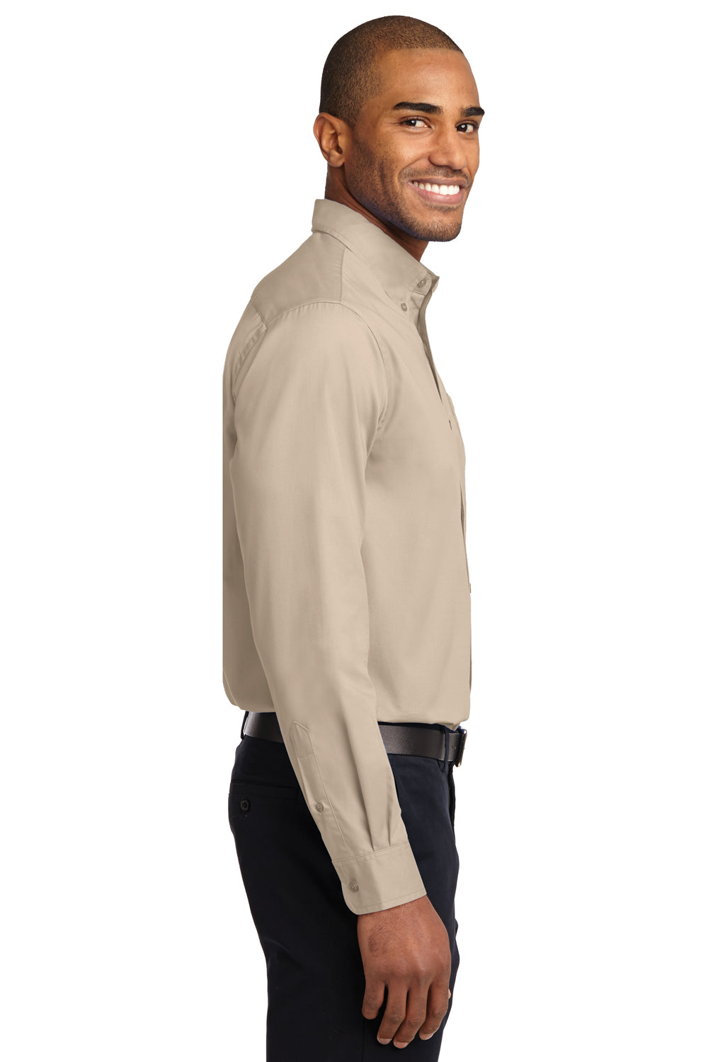 Port Authority S608/TLS608/S608ES Mens Easy Care Wrinkle Resistant Long Sleeve Button Down Shirt w/ Pocket Stone Brown Model Side