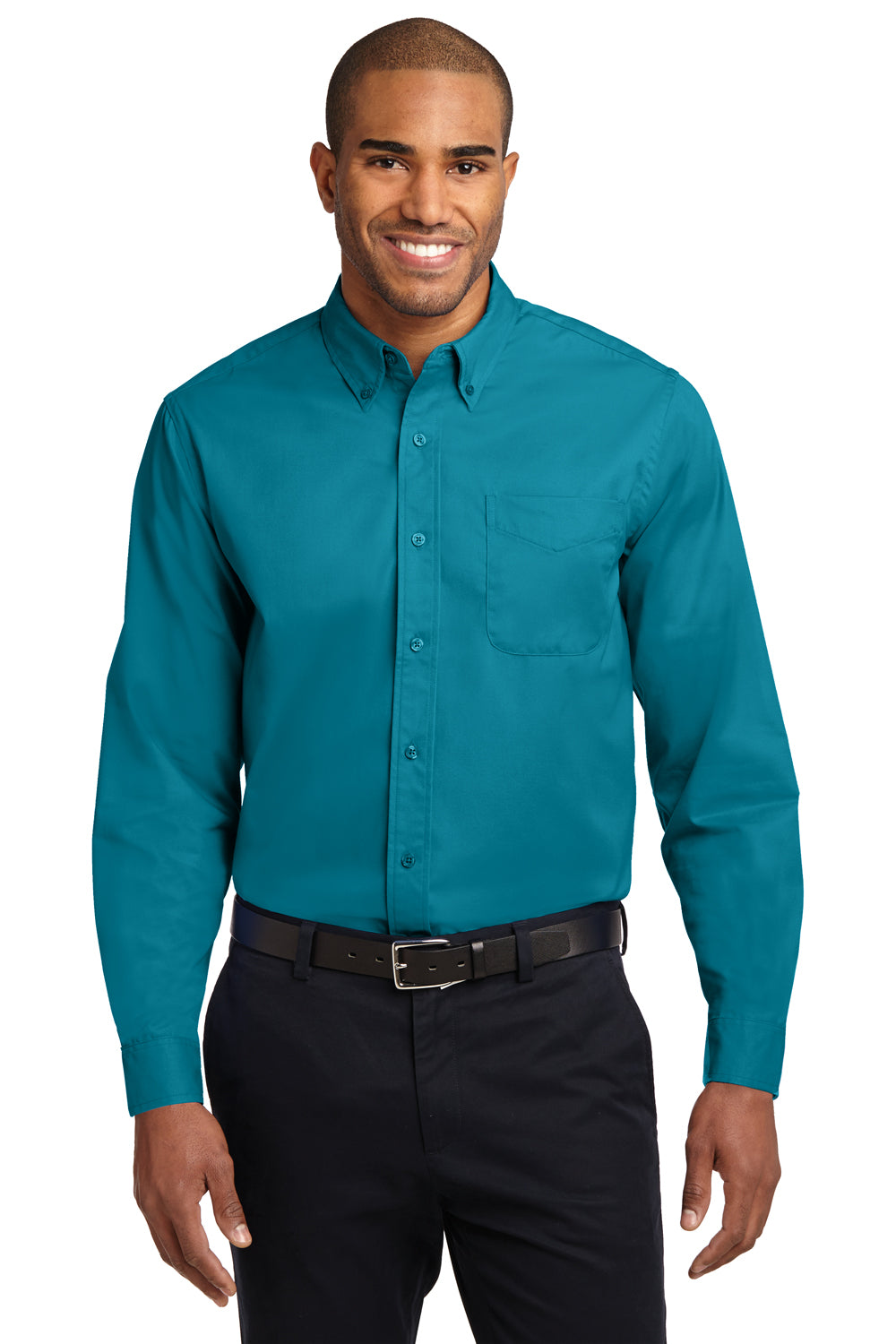 Port Authority S608/TLS608/S608ES Mens Easy Care Wrinkle Resistant Long Sleeve Button Down Shirt w/ Pocket Teal Green Model Front