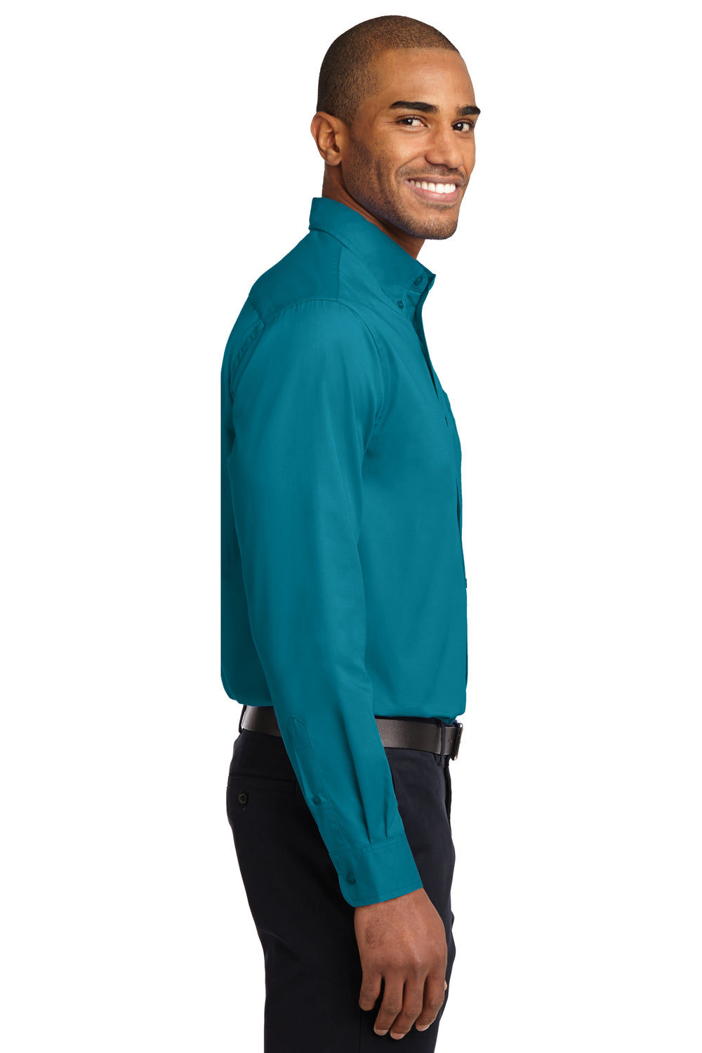 Port Authority S608/TLS608/S608ES Mens Easy Care Wrinkle Resistant Long Sleeve Button Down Shirt w/ Pocket Teal Green Model Side