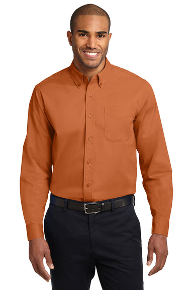 Port Authority S608/TLS608/S608ES Mens Easy Care Wrinkle Resistant Long Sleeve Button Down Shirt w/ Pocket Texas Orange Model Front