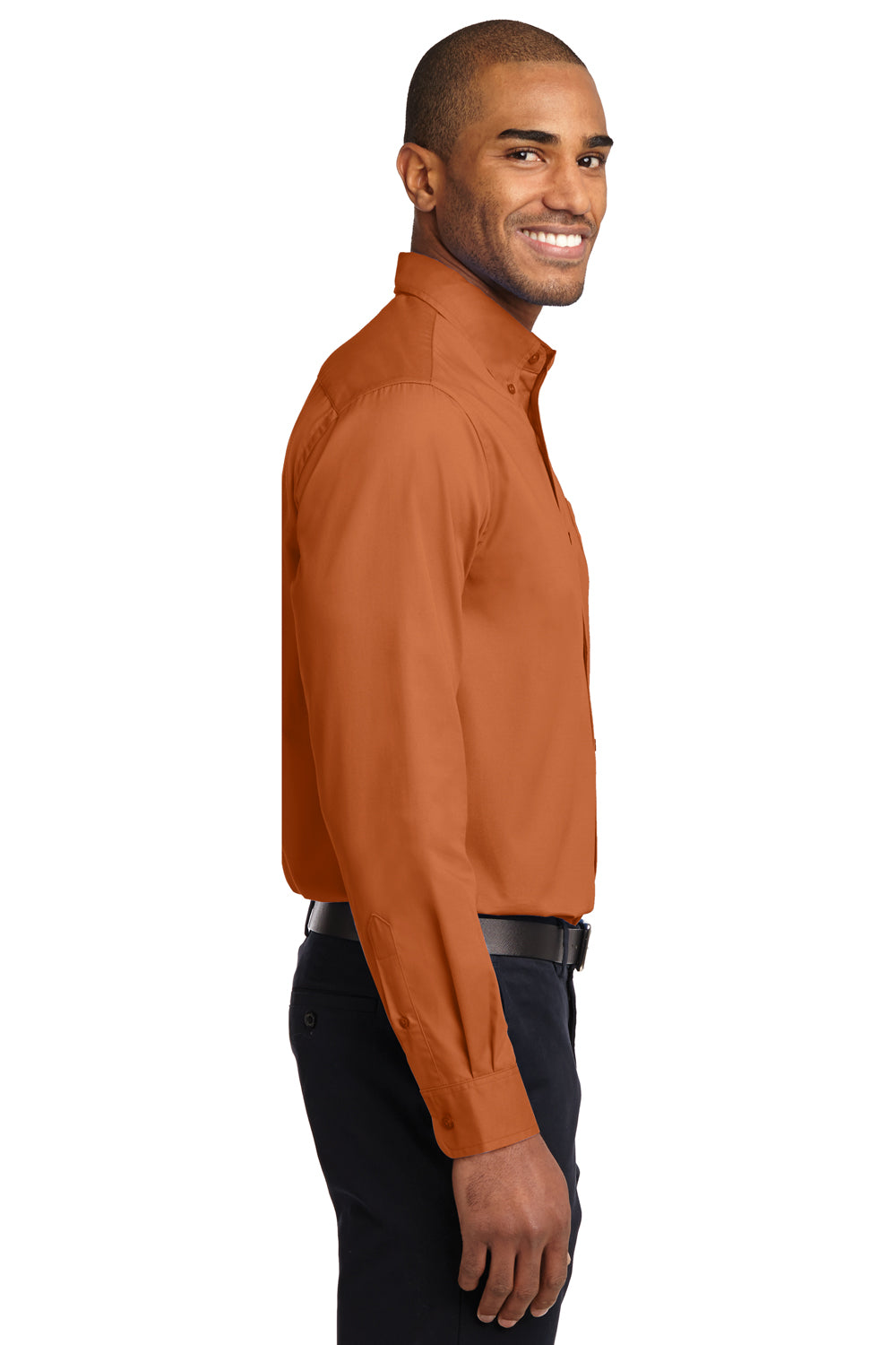 Port Authority S608/TLS608/S608ES Mens Easy Care Wrinkle Resistant Long Sleeve Button Down Shirt w/ Pocket Texas Orange Model Side