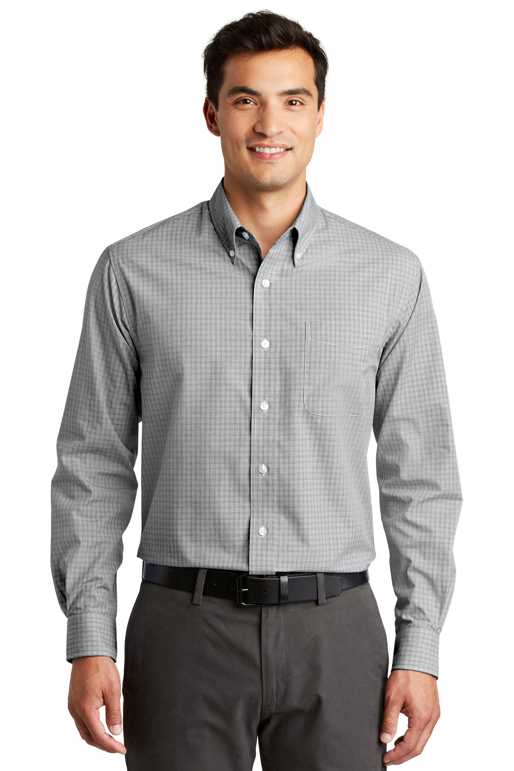 Port Authority S639 Mens Easy Care Wrinkle Resistant Long Sleeve Button Down Shirt w/ Pocket Charcoal Grey Model Front