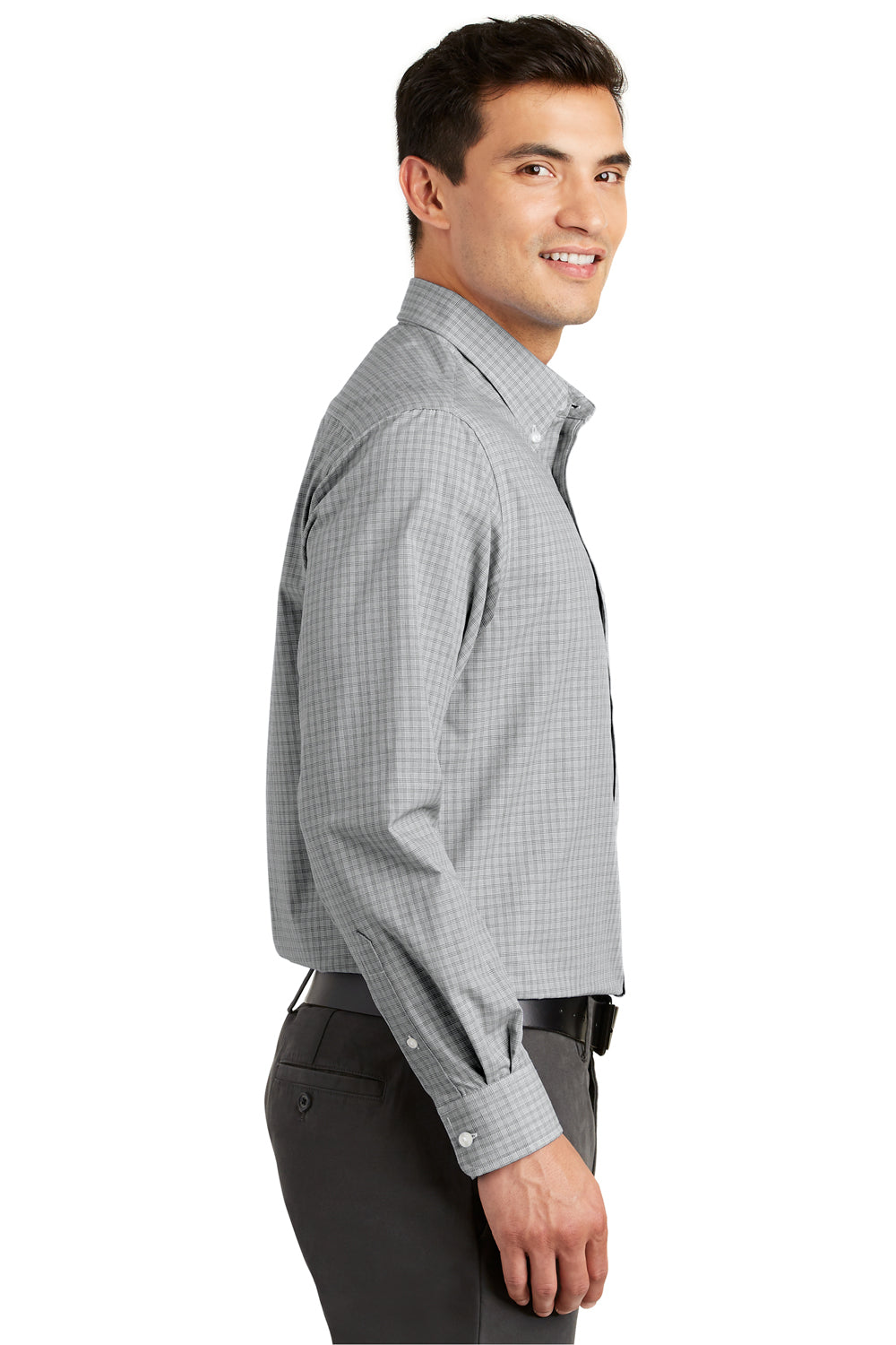 Port Authority S639 Mens Easy Care Wrinkle Resistant Long Sleeve Button Down Shirt w/ Pocket Charcoal Grey Model Side