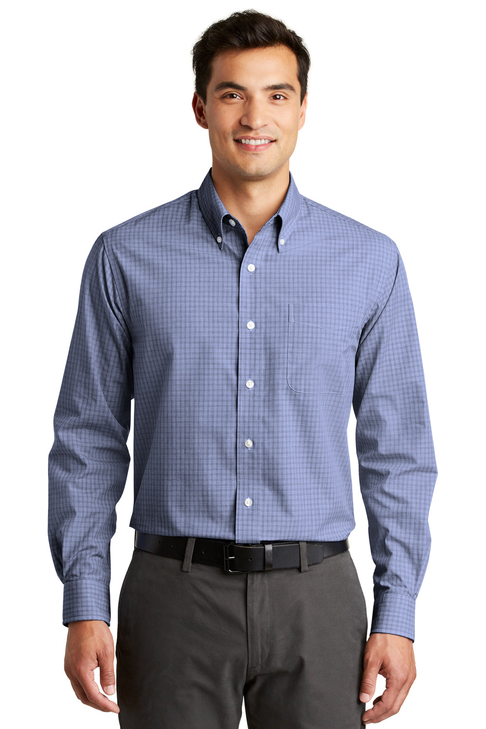 Port Authority S639 Mens Easy Care Wrinkle Resistant Long Sleeve Button Down Shirt w/ Pocket Navy Blue Model Front