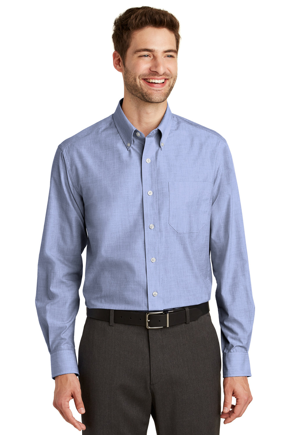 Port Authority S640/TLS640 Mens Easy Care Wrinkle Resistant Long Sleeve Button Down Shirt w/ Pocket Chambray Blue Model Front