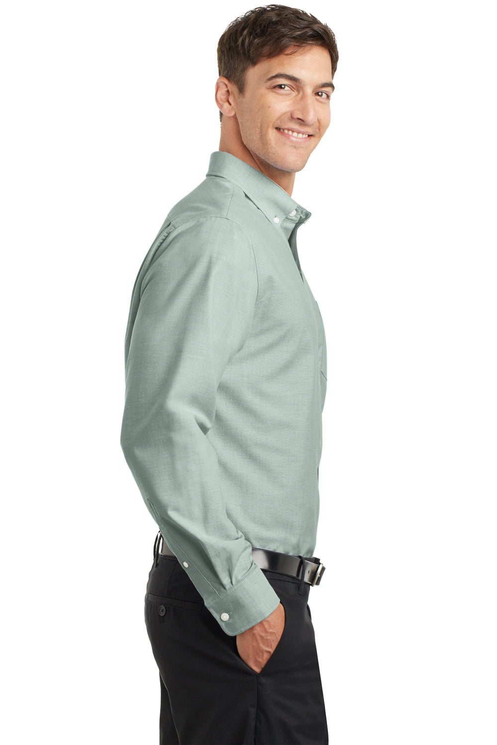 Port Authority S658/TS658 Mens SuperPro Oxford Wrinkle Resistant Long Sleeve Button Down Shirt w/ Pocket Green Model Side