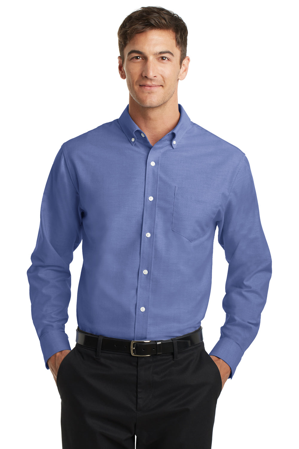 Port Authority S658/TS658 Mens SuperPro Oxford Wrinkle Resistant Long Sleeve Button Down Shirt w/ Pocket Navy Blue Model Front