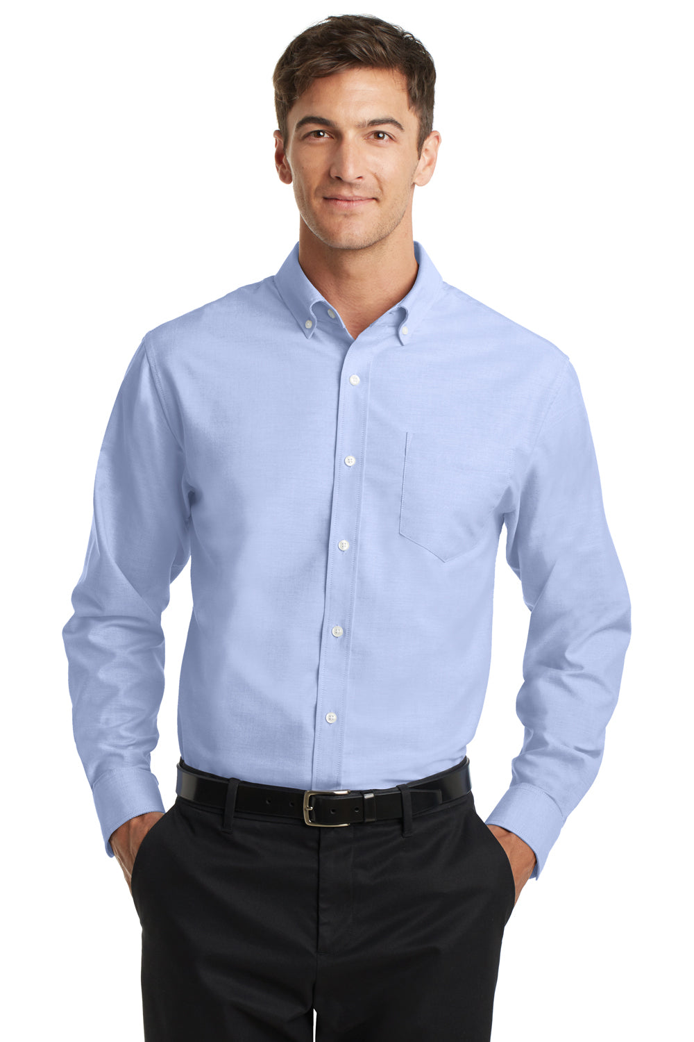 Port Authority S658/TS658 Mens SuperPro Oxford Wrinkle Resistant Long Sleeve Button Down Shirt w/ Pocket Oxford Blue Model Front