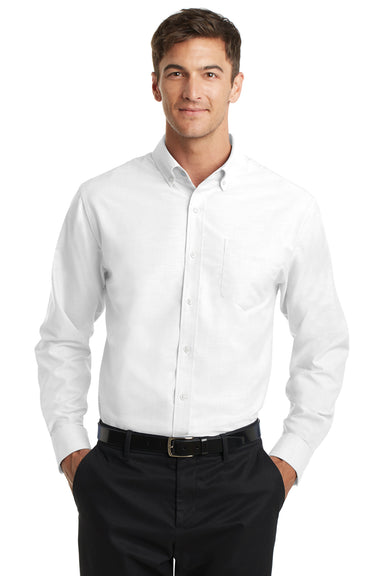 Port Authority S658/TS658 Mens SuperPro Oxford Wrinkle Resistant Long Sleeve Button Down Shirt w/ Pocket White Model Front