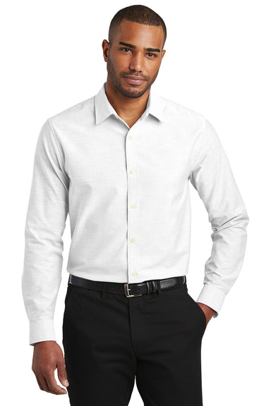 Port Authority S661 Mens SuperPro Oxford Wrinkle Resistant Long Sleeve Button Down Shirt White Model Front