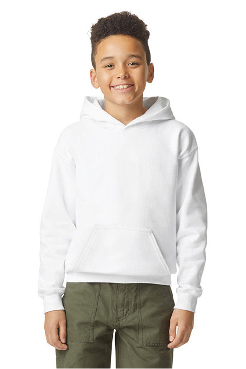 Gildan SF500B Youth Softstyle Hooded Sweatshirt Hoodie w/ Pouch Pocket White Model Front