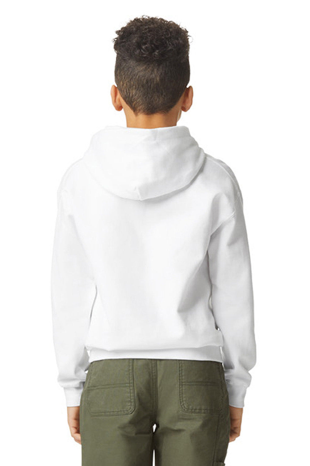 Gildan SF500B Youth Softstyle Hooded Sweatshirt Hoodie w/ Pouch Pocket White Model Back