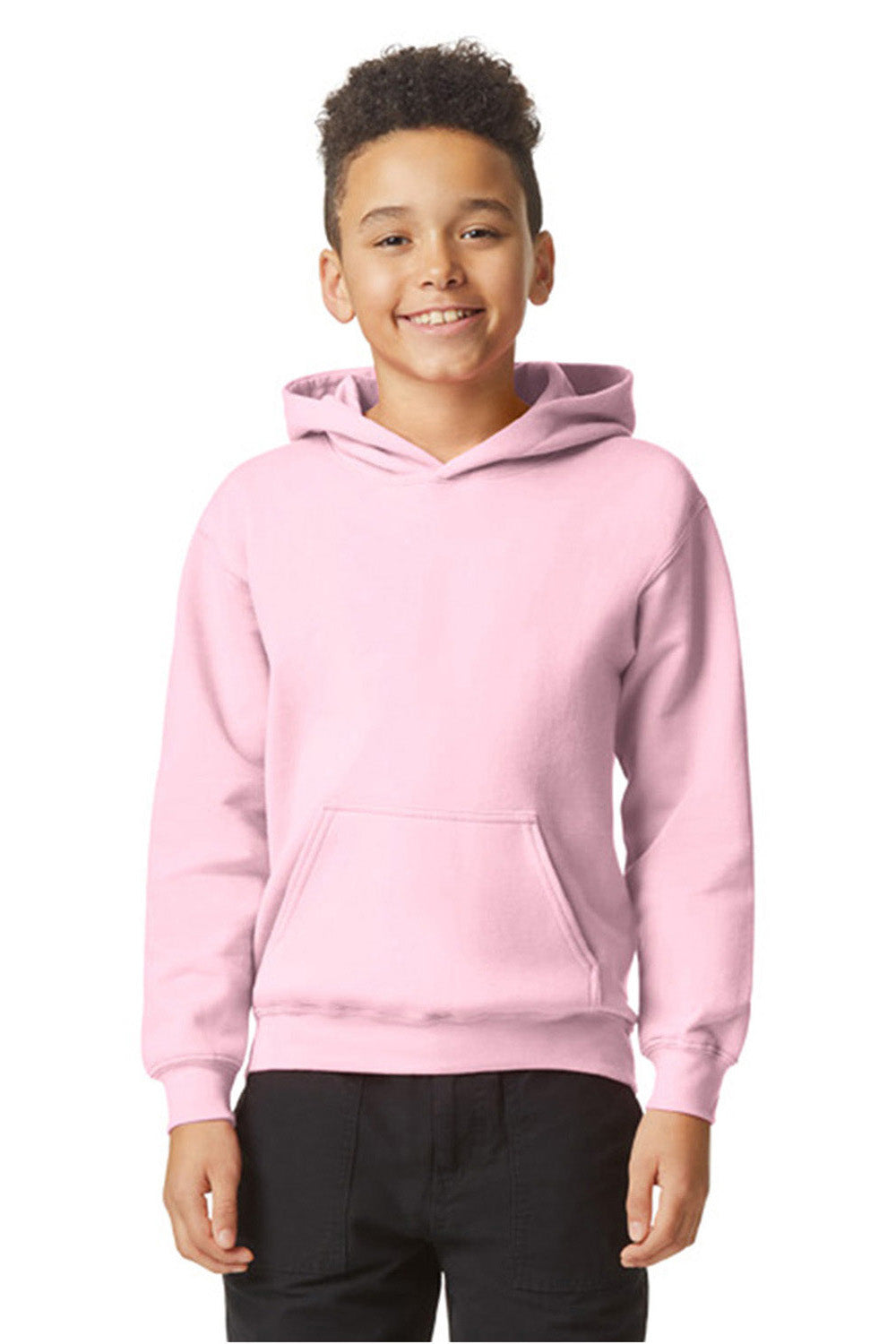 Gildan SF500B Youth Softstyle Hooded Sweatshirt Hoodie w/ Pouch Pocket Light Pink Model Front