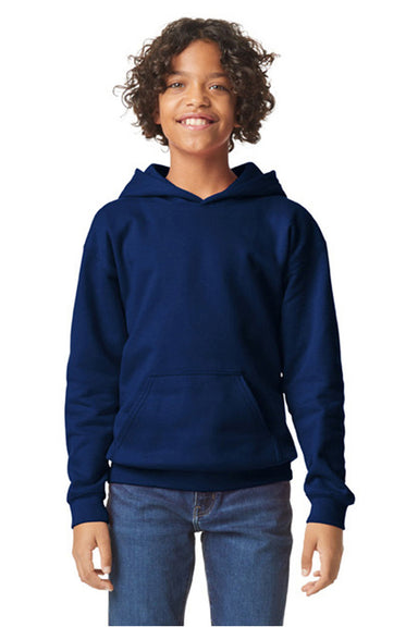 Gildan SF500B Youth Softstyle Hooded Sweatshirt Hoodie w/ Pouch Pocket Navy Blue Model Front