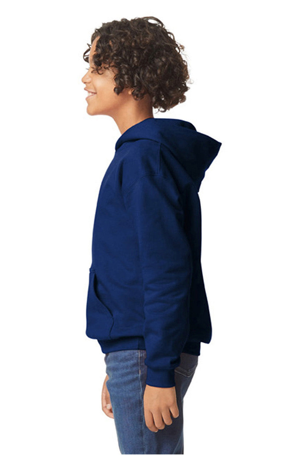 Gildan SF500B Youth Softstyle Hooded Sweatshirt Hoodie w/ Pouch Pocket Navy Blue Model Side