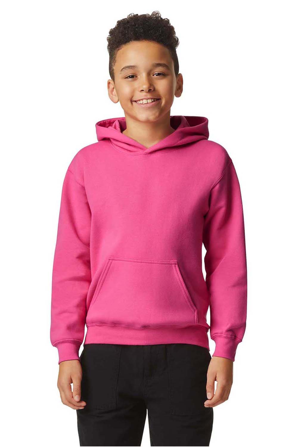 Gildan SF500B Youth Softstyle Hooded Sweatshirt Hoodie w/ Pouch Pocket Pink Lemonade Model Front