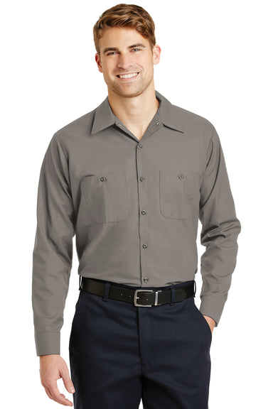 Red Kap SP14/SP14LONG Mens Industrial Moisture Wicking Long Sleeve Button Down Shirt w/ Double Pockets Grey Model Front