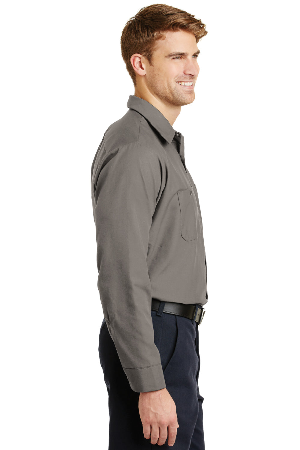 Red Kap SP14/SP14LONG Mens Industrial Moisture Wicking Long Sleeve Button Down Shirt w/ Double Pockets Grey Model Side