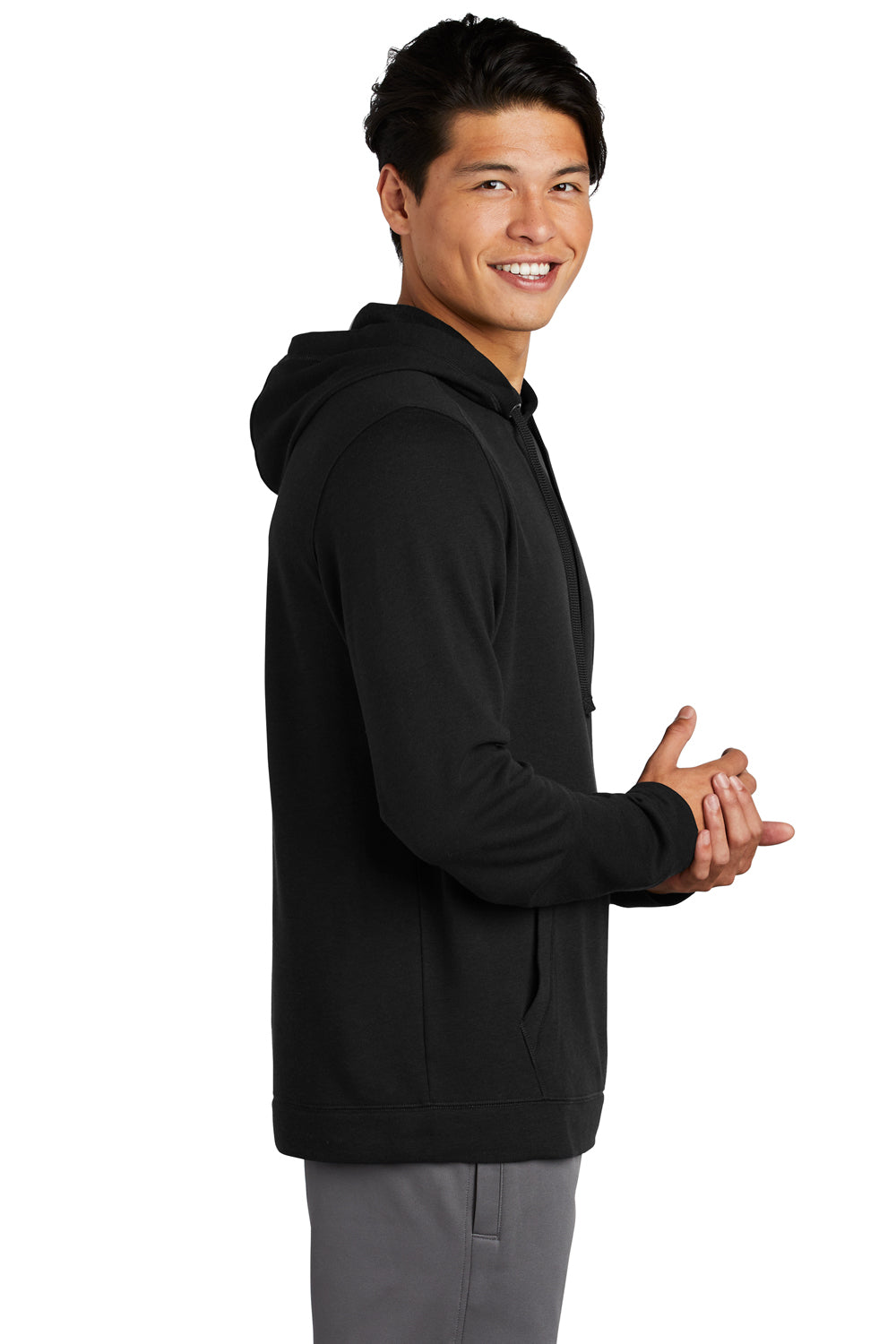 Sport-Tek ST296 Mens Moisture Wicking Fleece Hooded Sweatshirt Hoodie Black Model Side