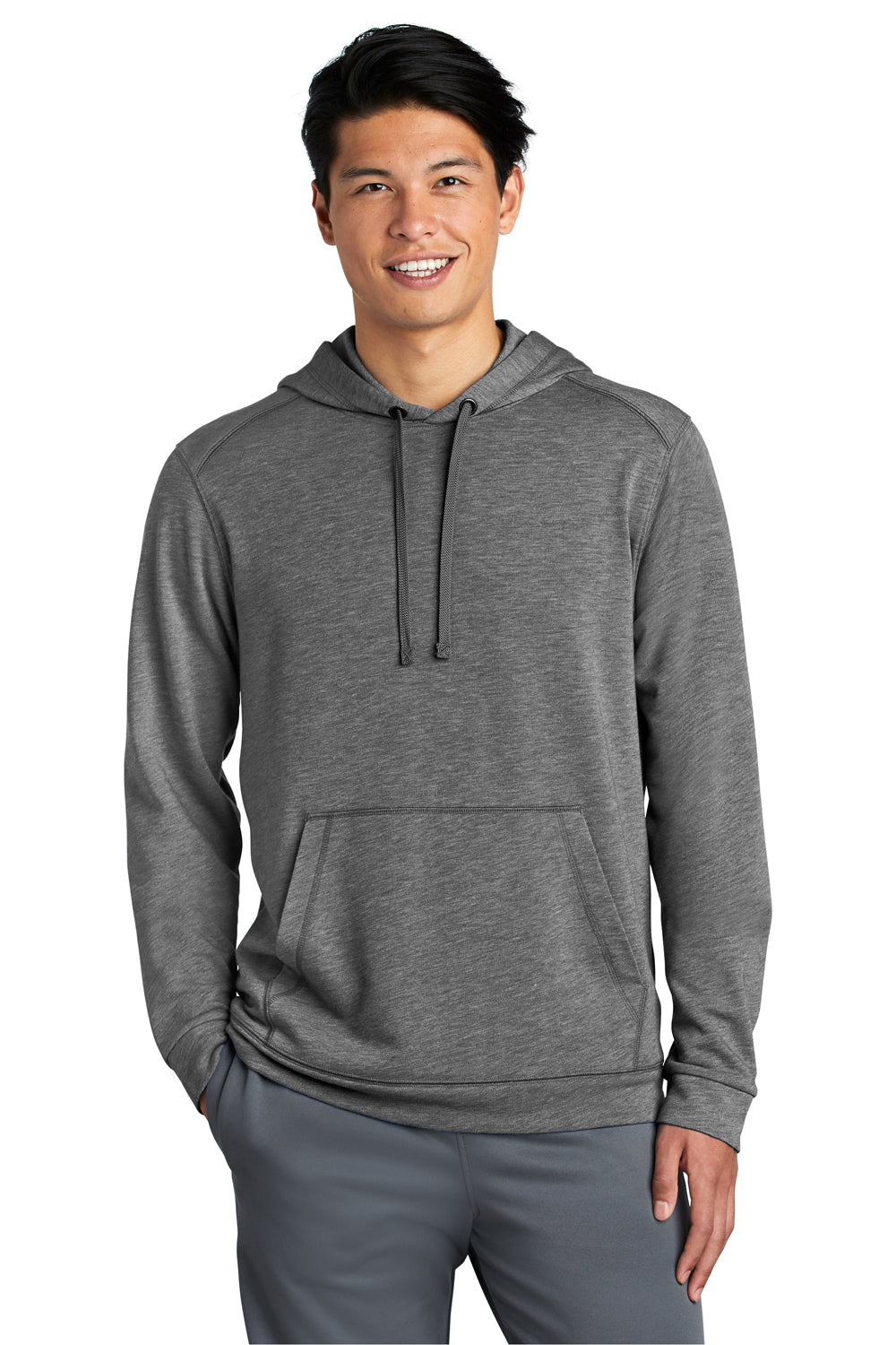 Sport-Tek ST296 Mens Moisture Wicking Fleece Hooded Sweatshirt Hoodie Heather Dark Grey Model Front