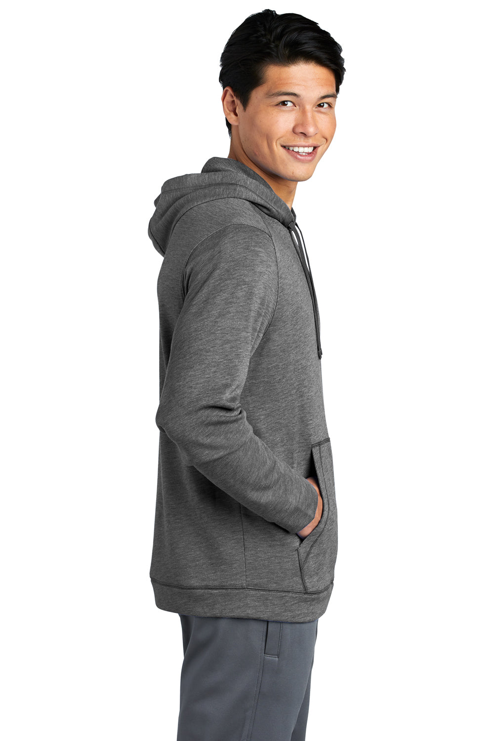 Sport-Tek ST296 Mens Moisture Wicking Fleece Hooded Sweatshirt Hoodie Heather Dark Grey Model Side