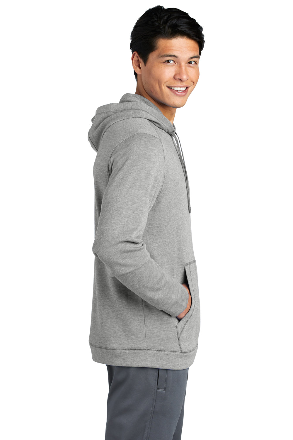 Sport-Tek ST296 Mens Moisture Wicking Fleece Hooded Sweatshirt Hoodie Heather Light Grey Model Side